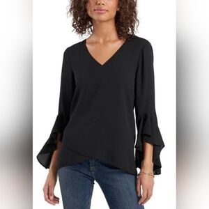 Vince Camuto Rich Black V-Neck Flutter Sleeves Layered Chiffon Blouse Small